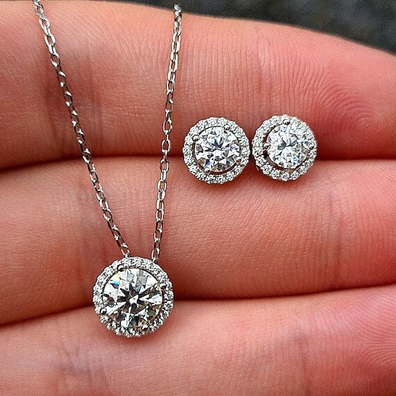 Moissanite diamond set earring + necklace wed...