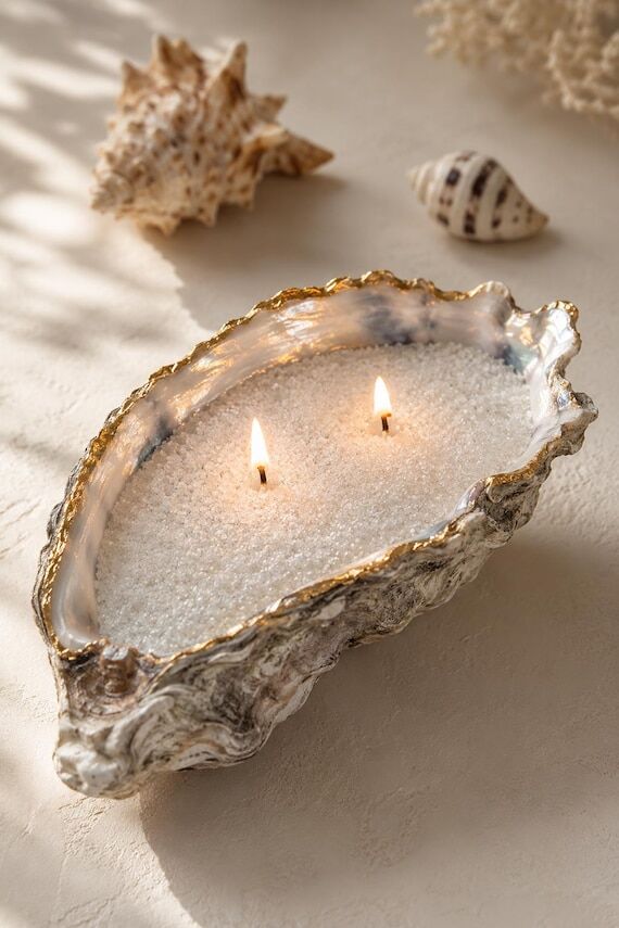 Oyster Shell Candle with Sand Wax | Coastal H...
