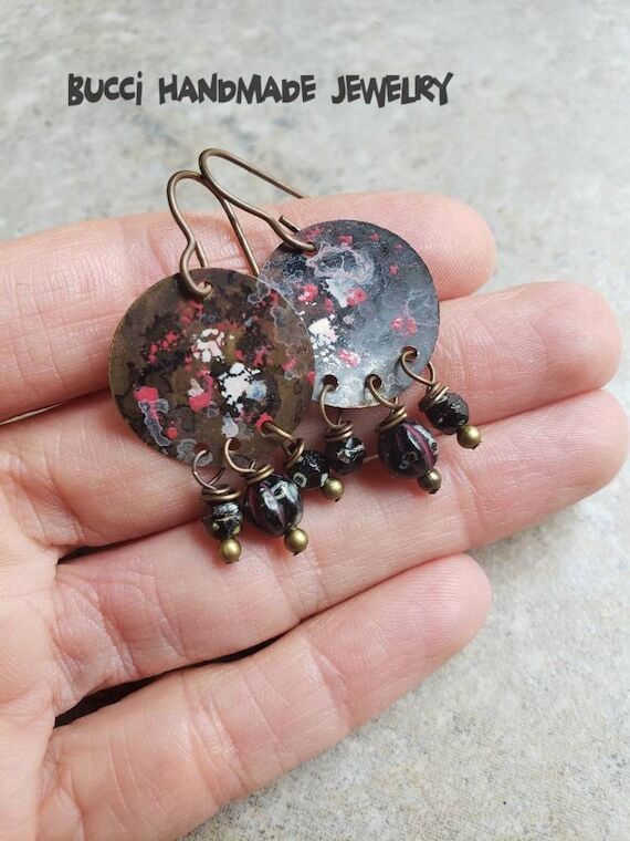 Splattered Brass Chandelier Earrings, Black C...