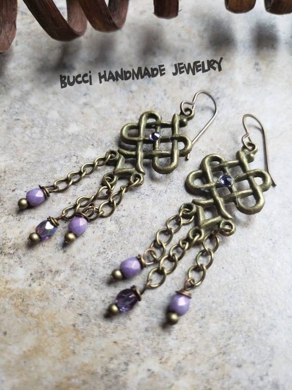 Oriental Chandelier Brass Earrings, purple cz...