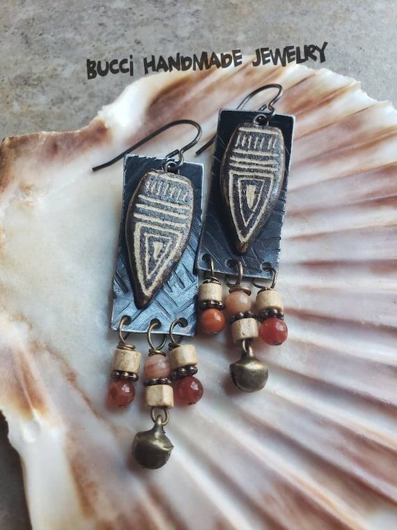 Tribal Fringe Earrings, Sunstone Beads, Brass...