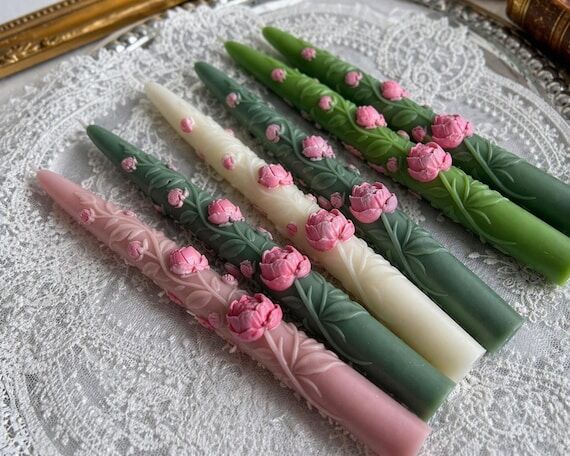 Handmade Peony Taper Candles Set, Floral Dinn...
