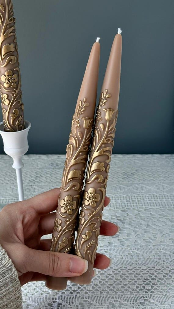 Gold Vintage Floral Taper Candles | Elegant O...