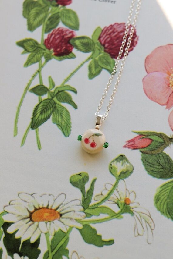 Handmade Ceramic Cherry Pendant Necklace: Cot...