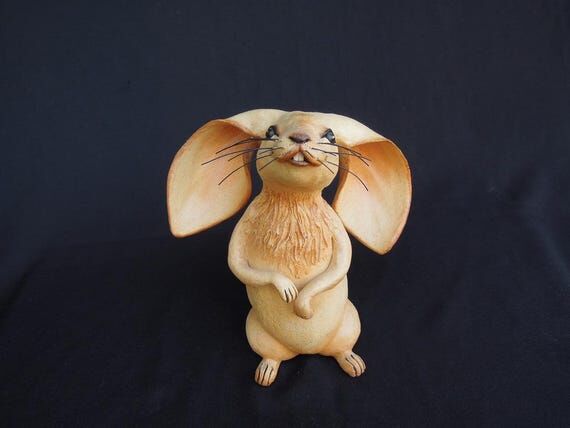 Handmade Clay Lop-Eared Rabbit Sculpture: Uni...