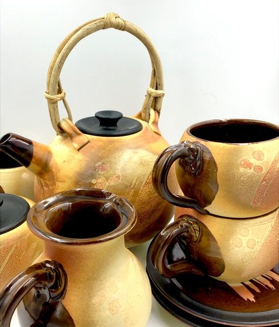 Handmade Ceramic Tea Set: Golden Brown Coffee...