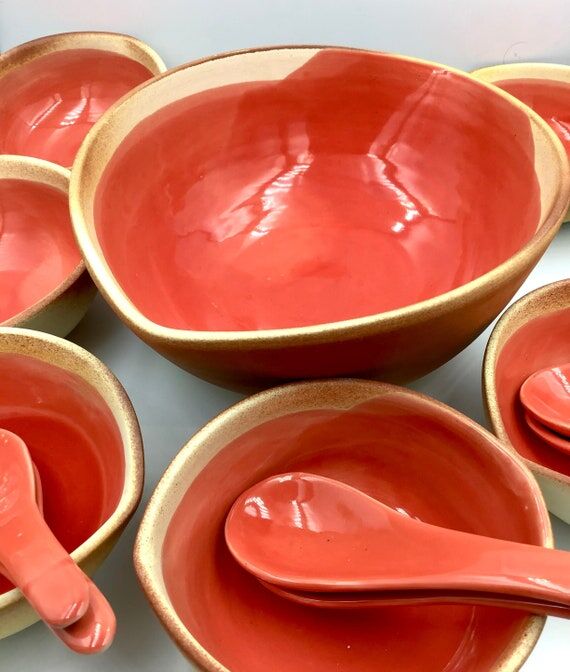 Handcrafted Stoneware Dessert Set: Reddish-Or...