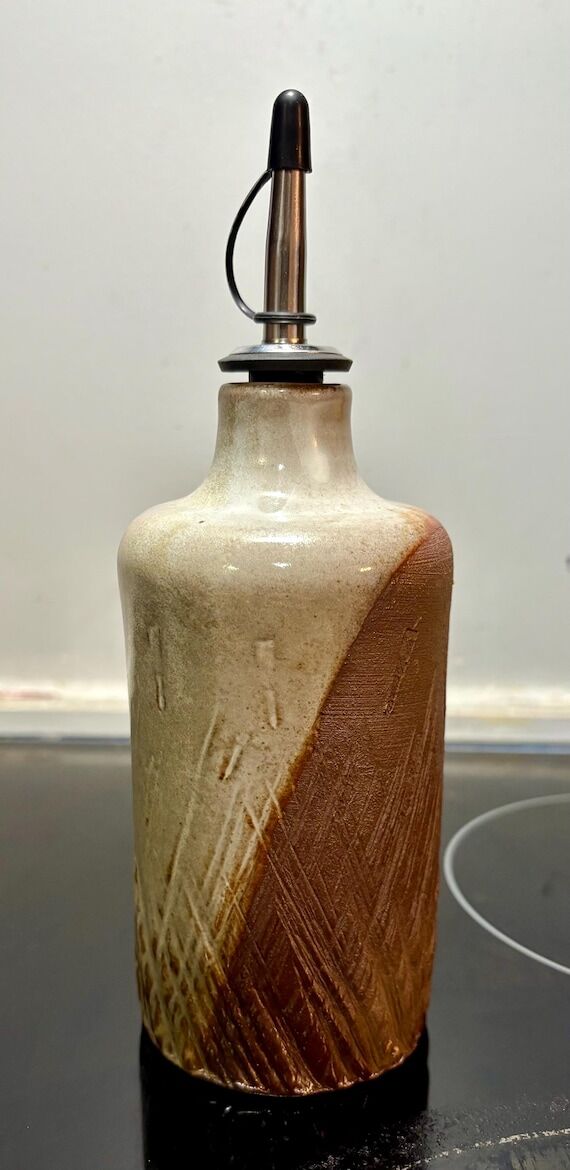 Handmade Wood Fired Oil Bottle, Textured Cer...