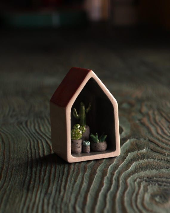 Miniature Ceramic House with Cactus, Handmade...