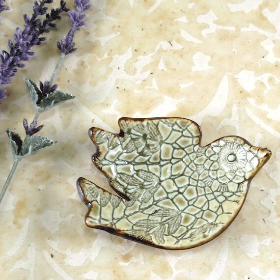 Green Bird Ring Dish: Ceramic Pottery Trinket...