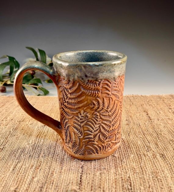 Handmade Forest Fern Pottery Mug Rustic Green...