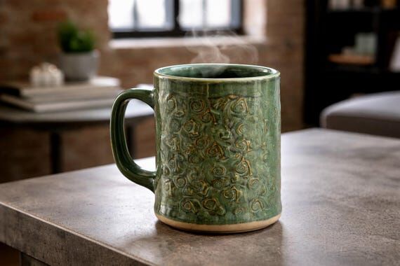 Handmade Jungle Mug: Forest Green Ceramic Sto...