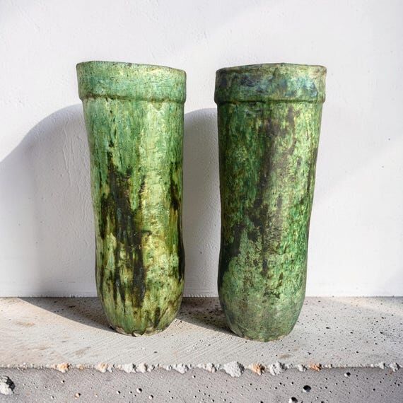 Set of 2 Large Tamegroute Pots, Green Morocca...