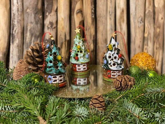 Handmade Ceramic Christmas Tree Bells, Hangin...