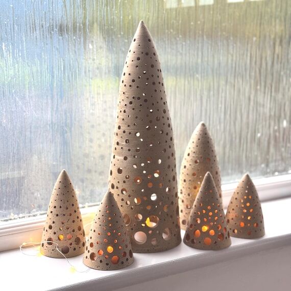 Handmade ceramic stoneware tree luminary / ca...
