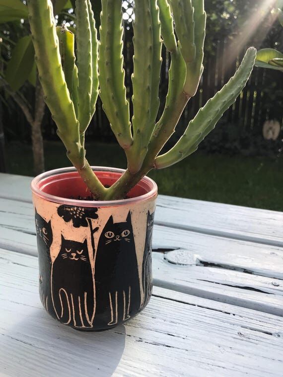 Black CATS pot OOAK pet ceramic clay planter ...