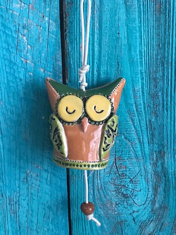OWL bell, wind chime, handmade ceramic clay f...