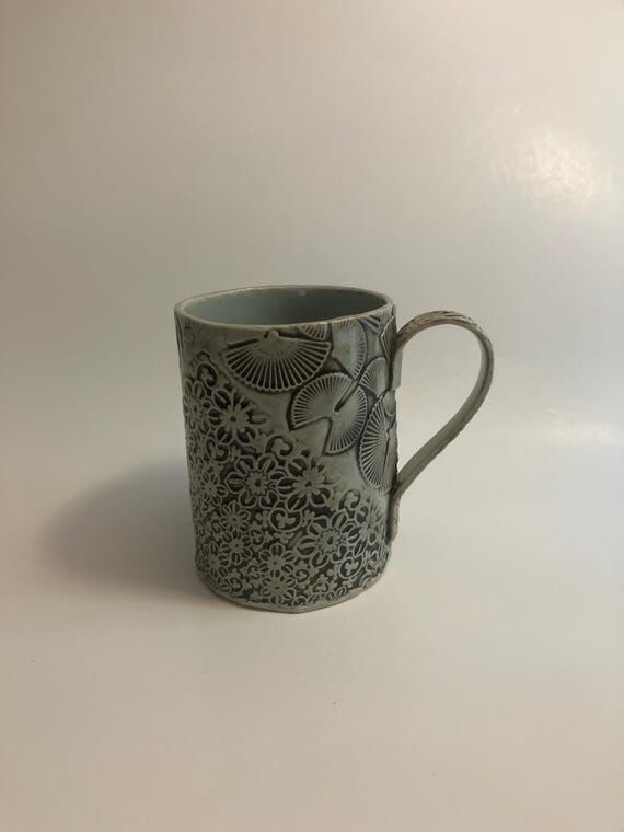 Large Ceramic Mug, Textured Slab Pottery, cel...