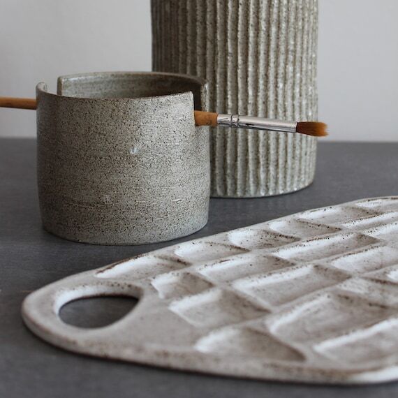 Handmade Ceramic Paint Palette, Brush Holder,...