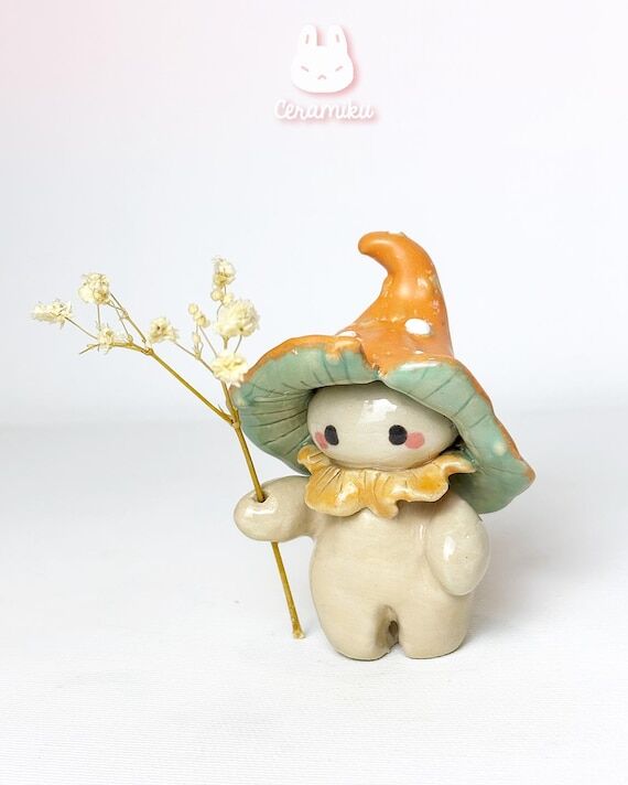 Handmade Ceramic Mushroom People Figurine: Co...