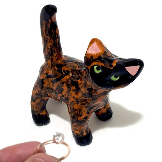 Tortie Ring Holder, Tortoiseshell Cat Figurin...