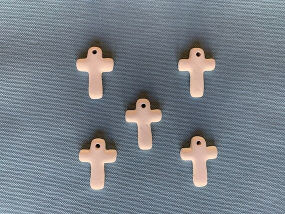 5 Handmade Bisque Cross Pendants: Ceramic Orn...