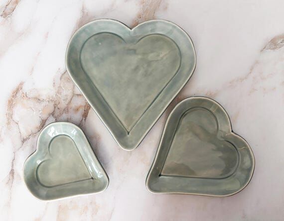 Handmade Ceramic Heart Dishes: Light Green Se...