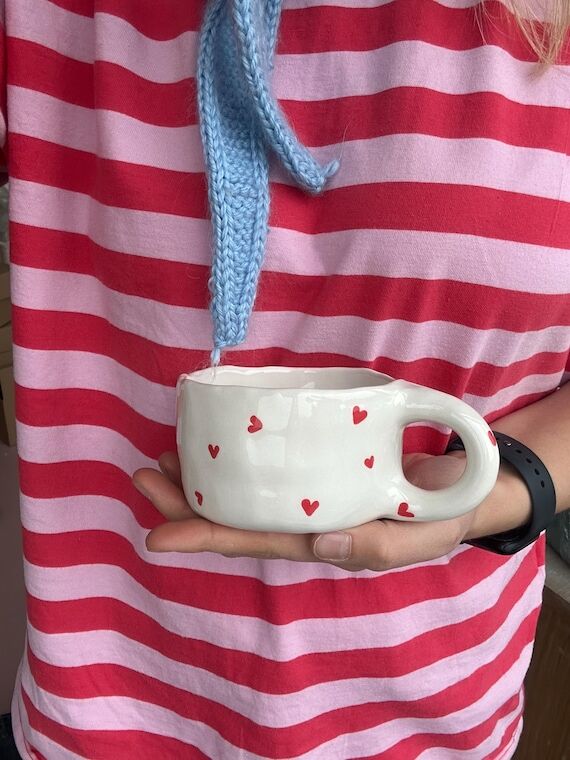 Handmade Ceramic Coffee Mug: Pink Red Hearts,...