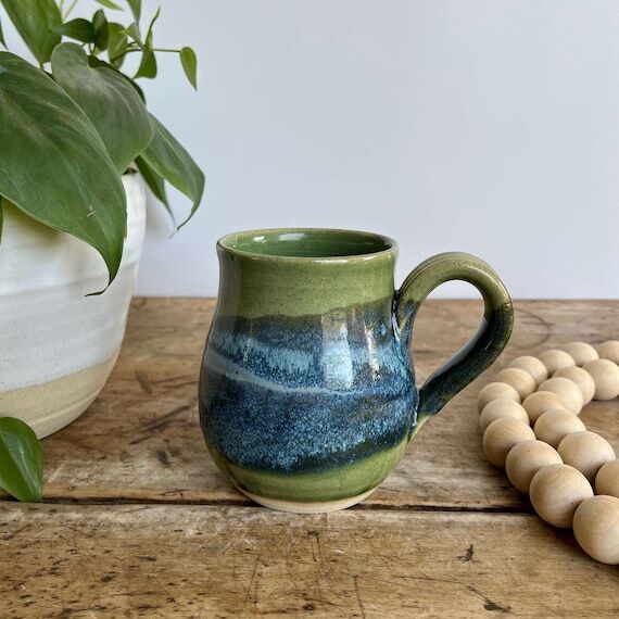 Handmade 14 oz Green Pottery gift Mug Green S...
