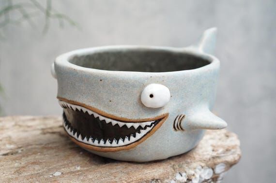 Handmade Ceramic Shark Planter, Stoneware Pot...