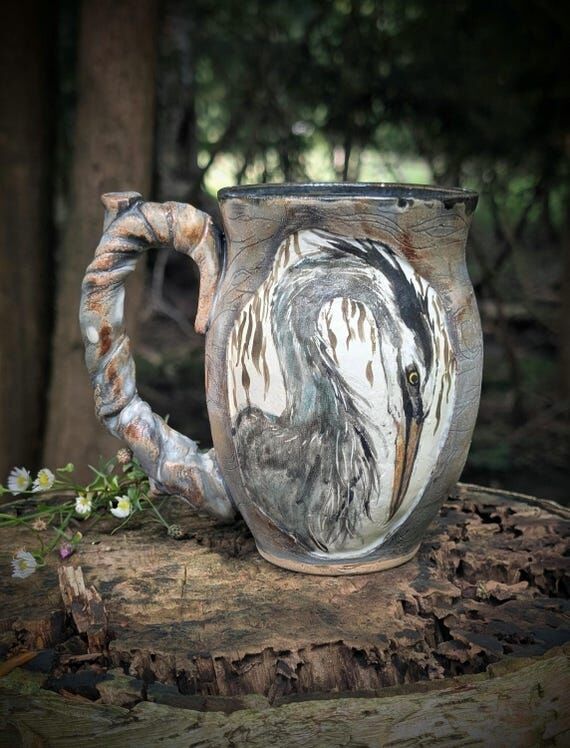 Blue Heron Willow Mug- Large Handmade Ceramic...
