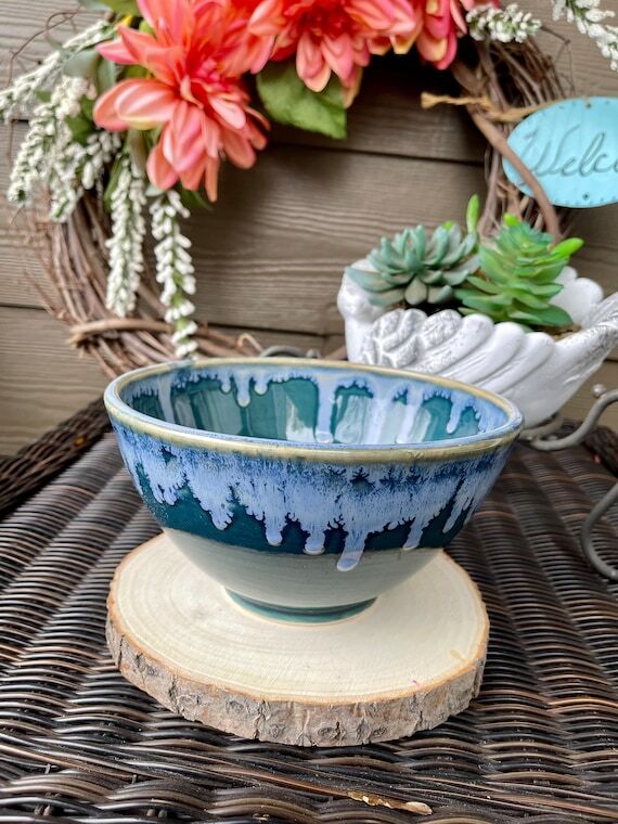Handmade pottery, ceramic bowl, teal with dri...