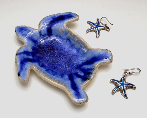 Handmade Sea Turtle Ring Dish, Crystalline Gl...