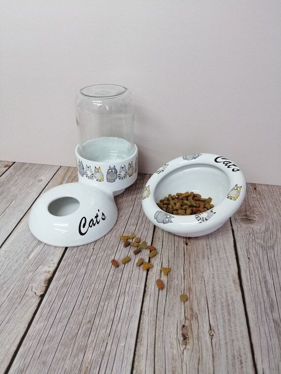 Handmade Ceramic Cat Bowl Set: Tilted Food & ...