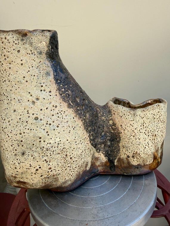Handmade sculptural ceramic vase, black and w...