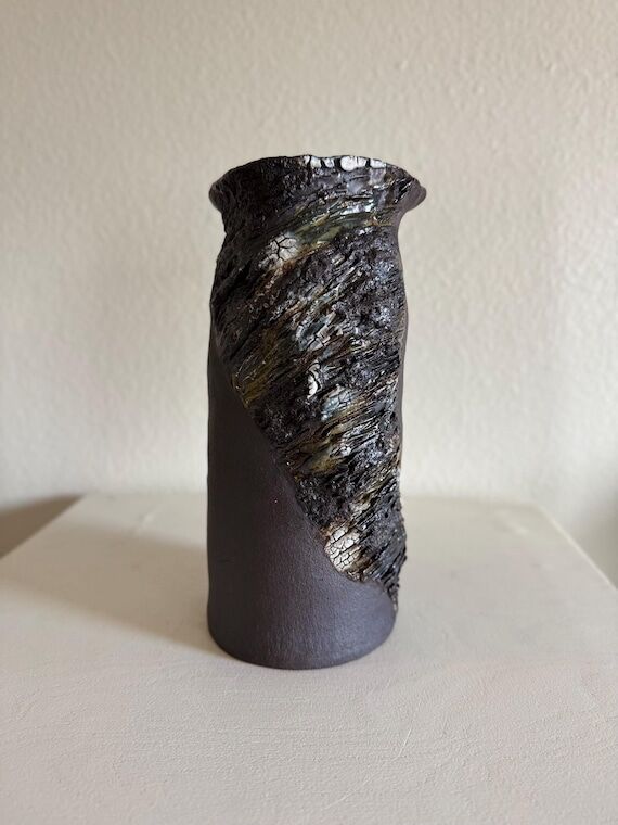 Black Asymmetrical Ceramic Vase: Handbuilt Mo...