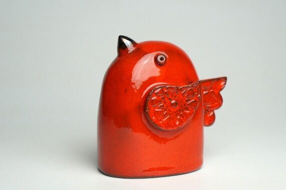 Red Glazed Ceramic Bird Sculpture: Handmade H...