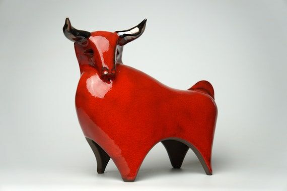 Large Red Ceramic Bull Sculpture: Handmade Ta...