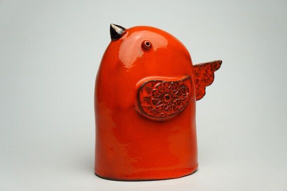 Handmade Orange Ceramic Bird Sculpture, Minim...