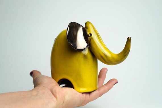Handmade Ceramic Elephant Ring Holder: Yellow...