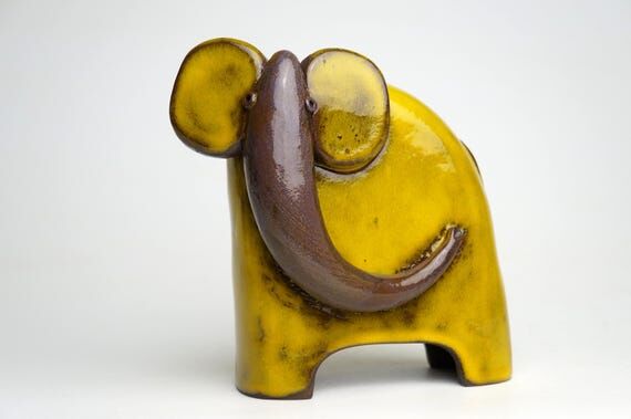Yellow Ceramic Elephant Sculpture: Handmade P...