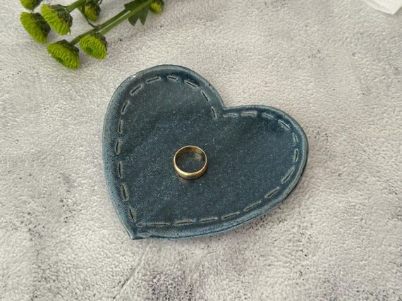 Handmade Denim Ceramic Heart Trinket Tray | D...