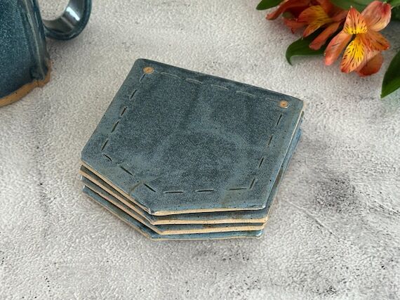 Handmade Denim Ceramic Coaster Set | Blue Jea...
