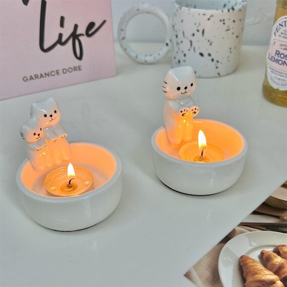 Cute Ceramic Cat Candle Holder, Hand Warmer, ...