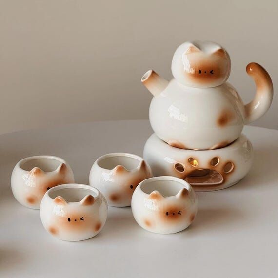 Siamese Cat Ceramic Teapot Set with Stove, Cu...