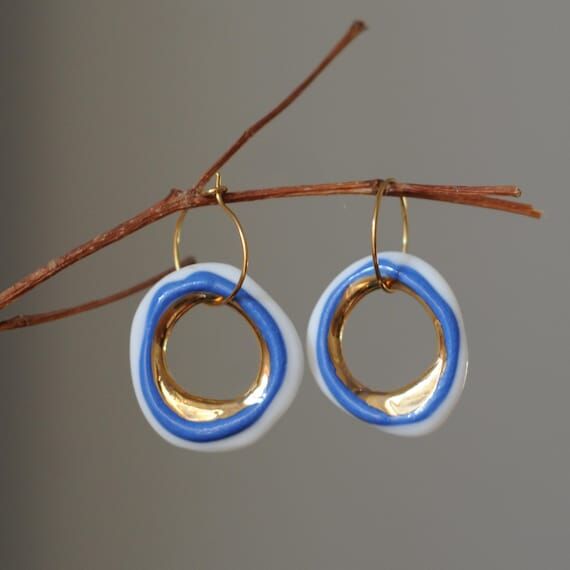 Minimalist Porcelain Earrings: 24K Gold & Blu...