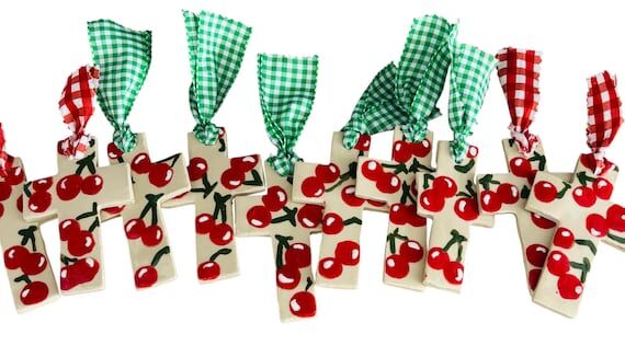 Hand-Painted Ceramic Cross with Gingham Ribbo...