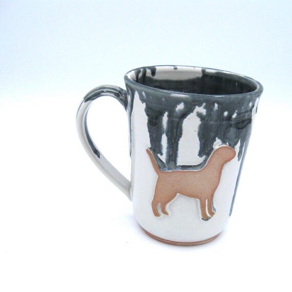 Handmade Ceramic Dog Mug: White & Blue Ash Gl...