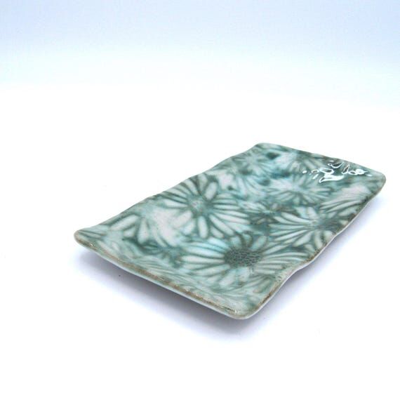 Handmade ceramic small tray: Green & white fl...