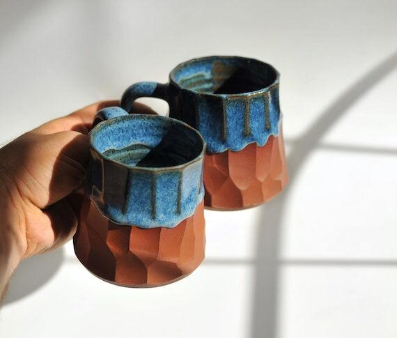 Handmade Stoneware Ceramic Coffee Mug Set: Bl...